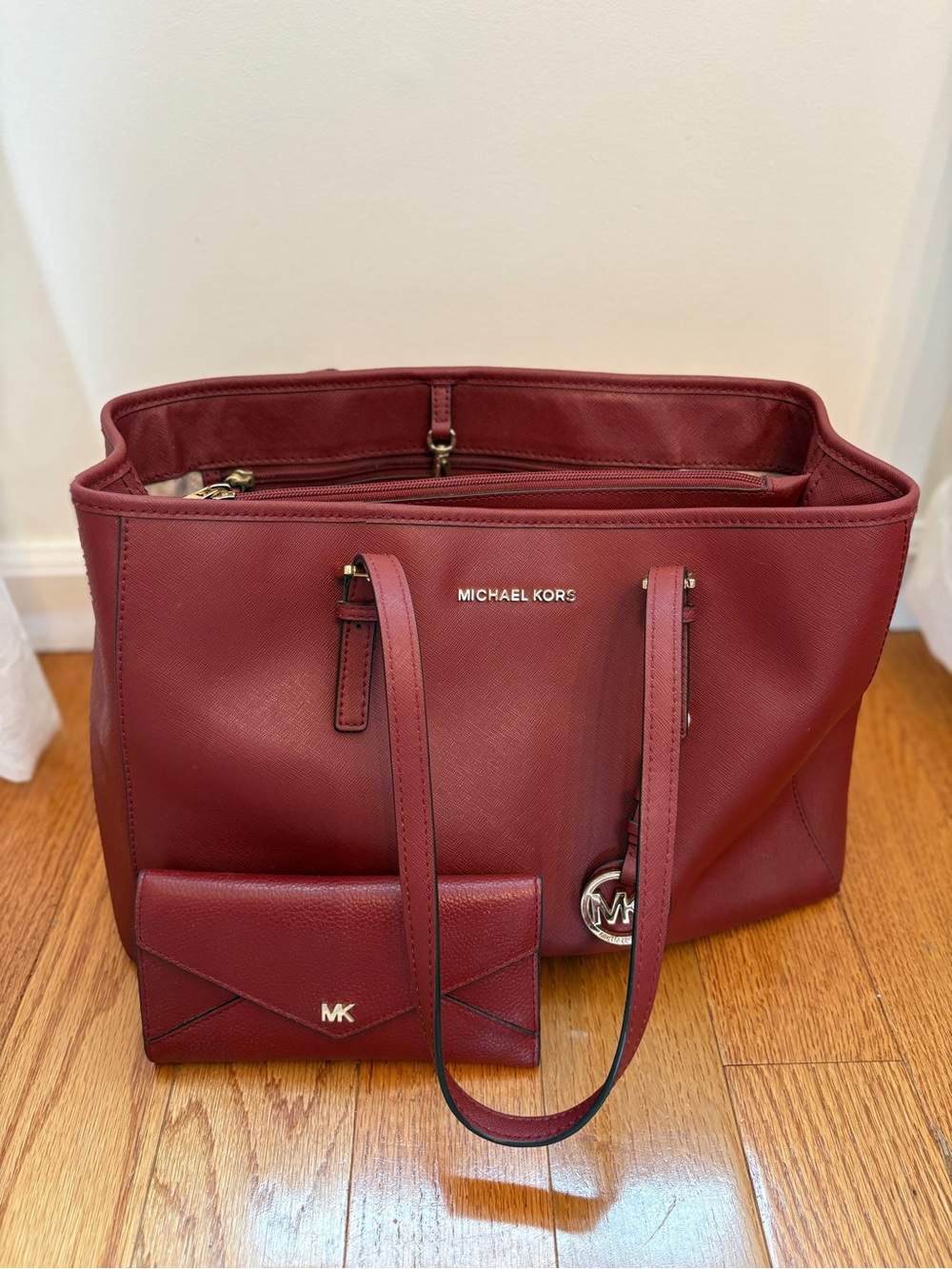 Michael Kors Burgundy Saffiano Leather Tote with Matching Wallet